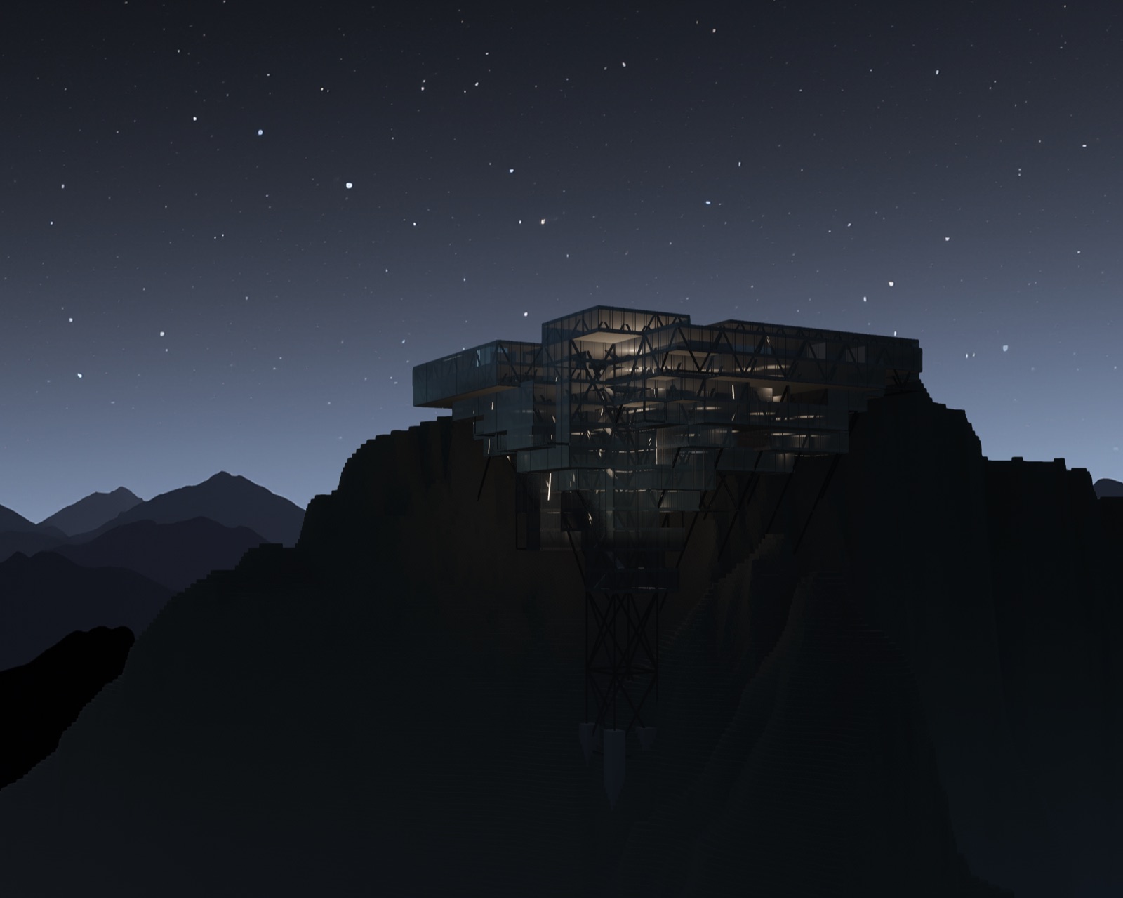 Alpine Edge, the building under a starry sky