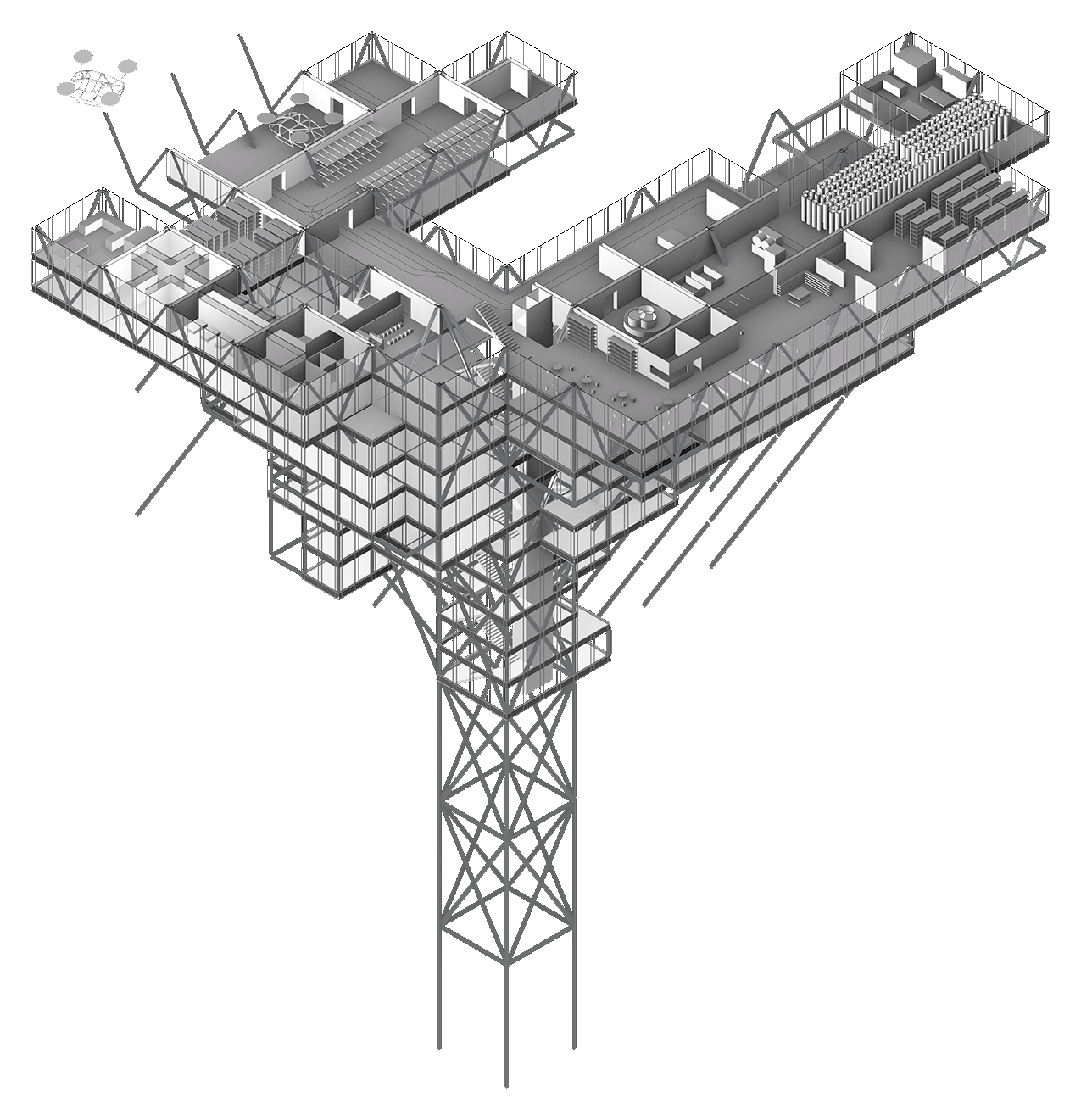Alpine Edge, axonometric of the structure anchored into the mountain