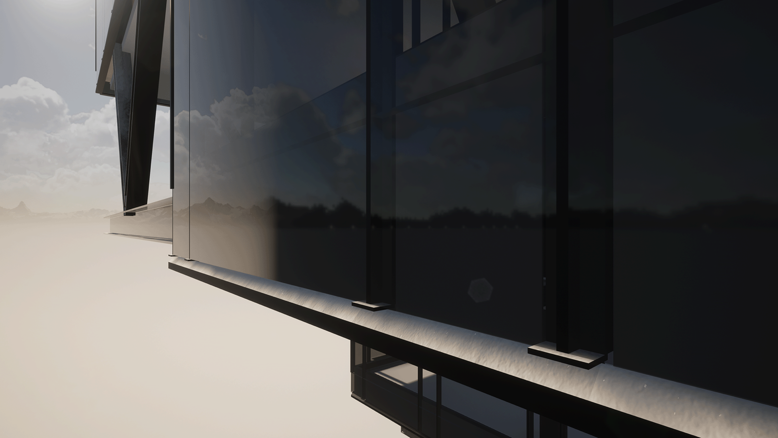 Alpine Edge, close view of the dark facade