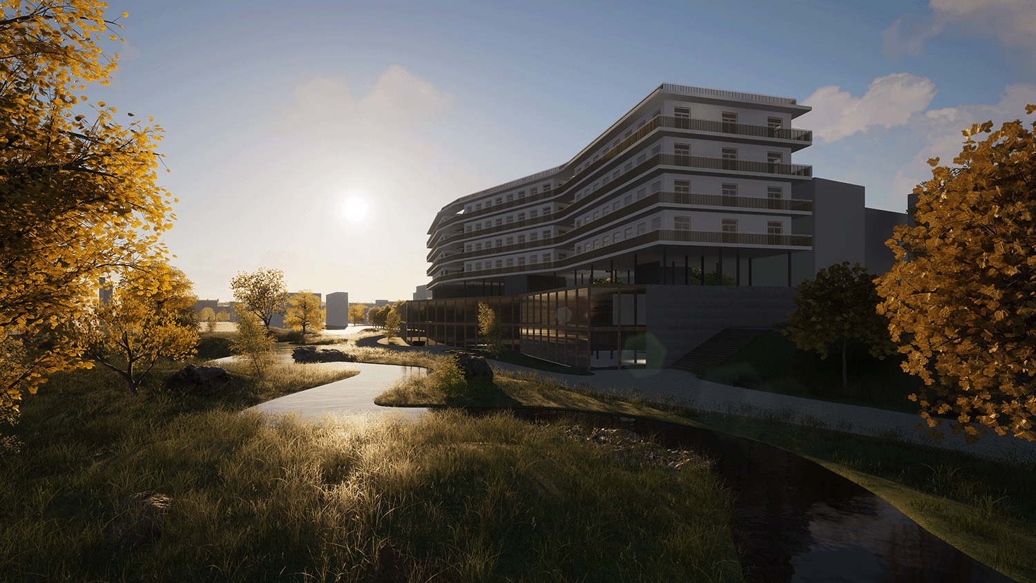 Cluster Raster, building by the water at sunset