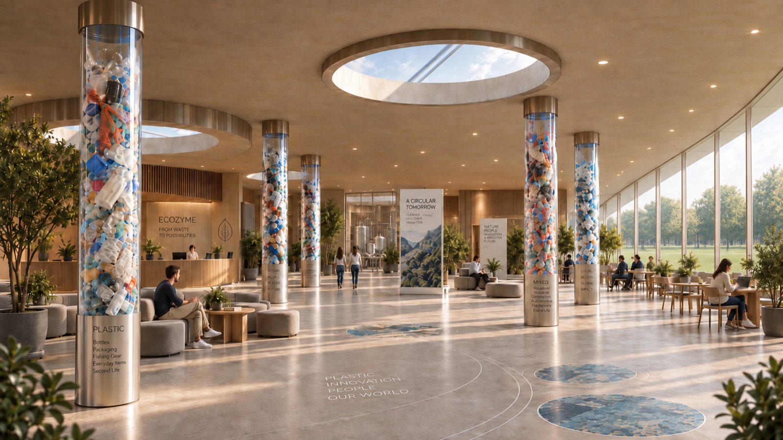 ECOZYME, interior hall with columns and a round skylight