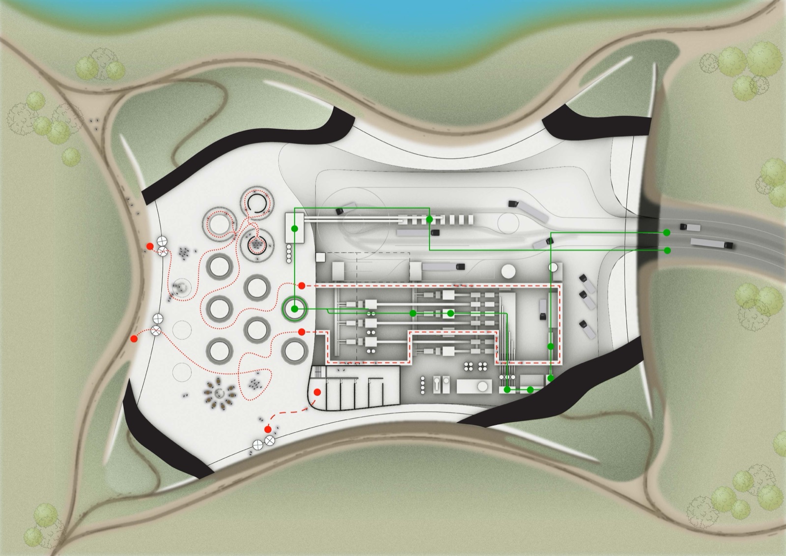 ECOZYME, top view of the building and its surroundings