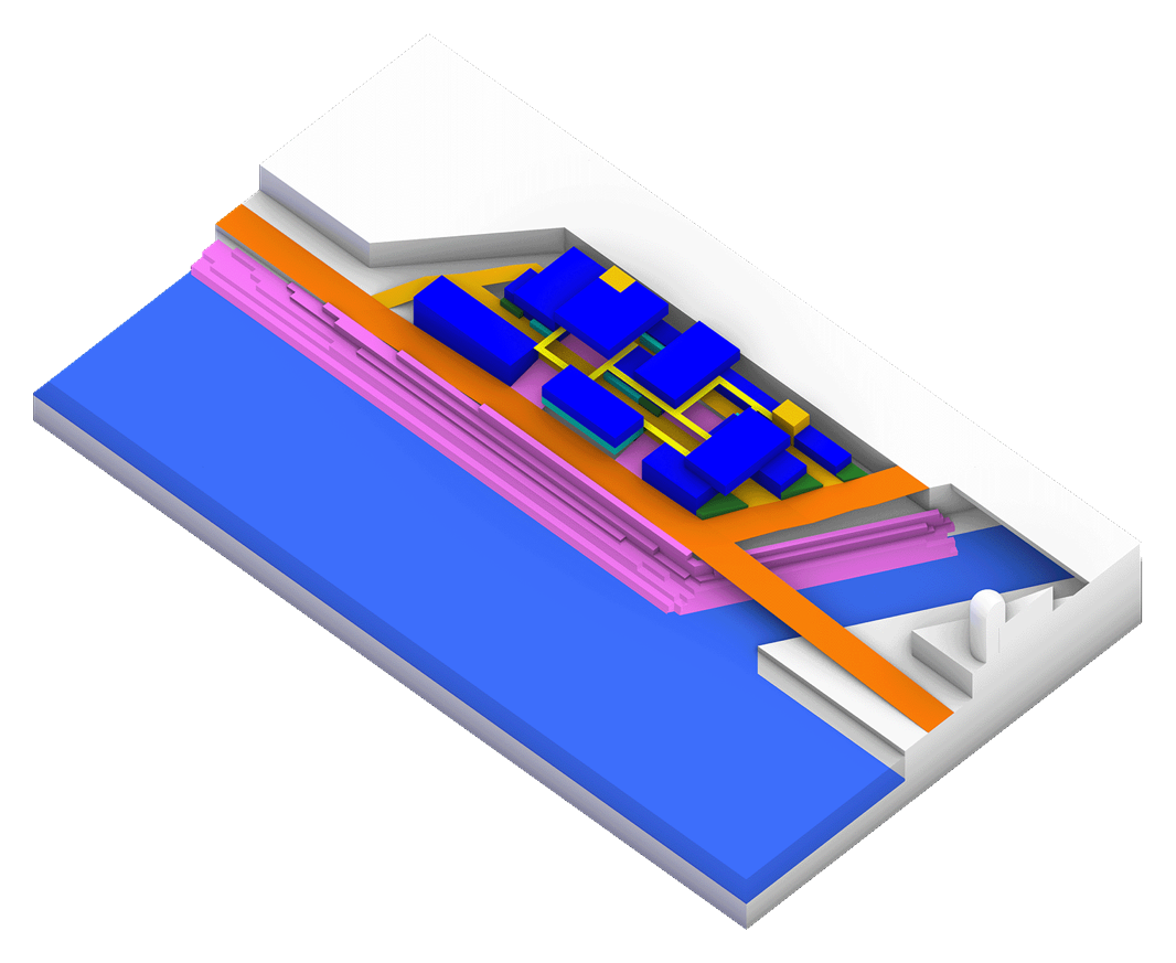 Flow Academy, axonometric diagram of the site and circulation