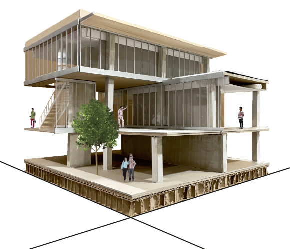 Flow Academy, sectional model with open floors and a tree