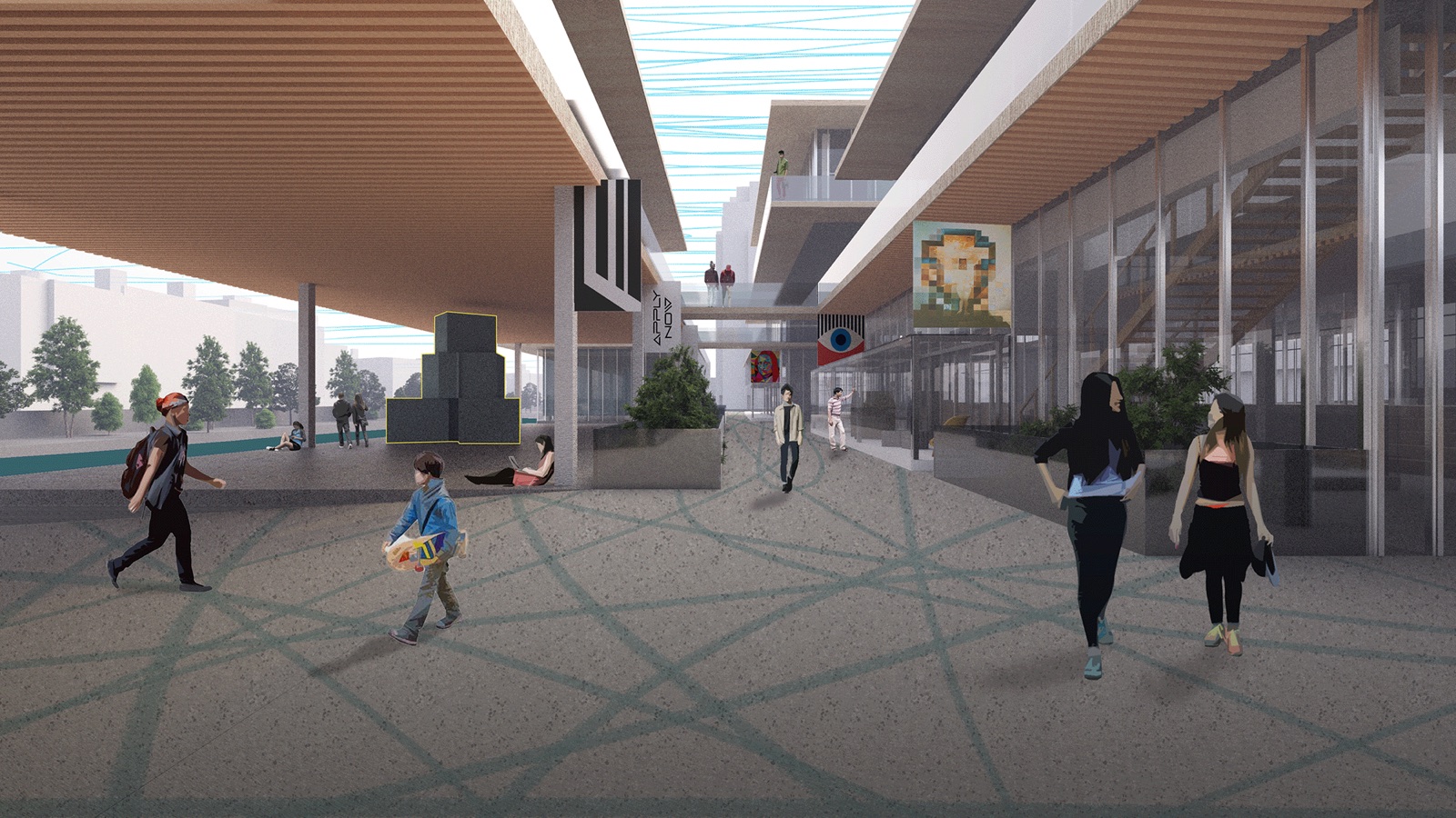 Flow Academy, street-level render of the covered school alley